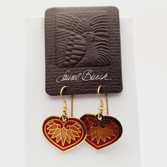 Vintage Laurel Burch Hollyhock Red Enamel Gold Plate 1988 Earrings Original Card - Picture 2 of 10